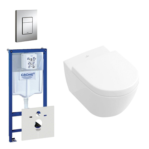 Villeroy & Boch Subway 2.0 compact toiletset bestaande uit inbouwreservoir, toiletpot, toiletzitting en bedieningsplaat mat chroom SW276996
