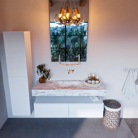Mondiaz ALAN-DLUX Ensemble de meuble - 130cm - meuble Talc mat - 2 tiroirs - Lavabo Cloud Glace suspendu - vasque Centre - 0 trous de robinet SW805407