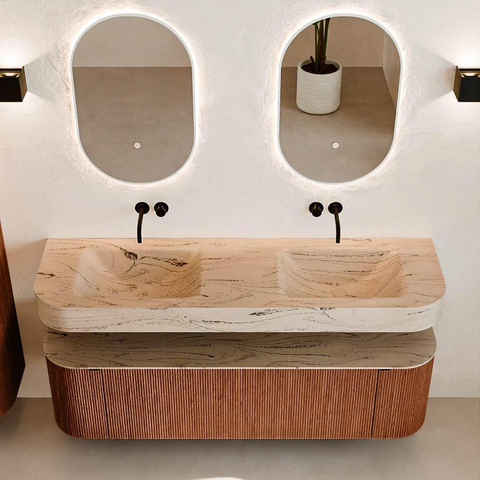 MONDIAZ THOR-DLUX 160cm meuble de salle de bains arrondi gauche + droite couleur Ruby avec 1 tiroir et 2 portes. Vasque suspendue CLOUD Double sans trou de robinet couleur Arena. SW1465126