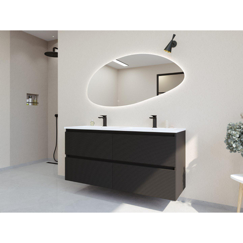 H&R Badmeubelen Infinity XXL 3D Badkamermeubelset - 140 cm - 2 keramische wasbakken gala wit - 2 kraangaten - 4 lades - mat zwart SW863524