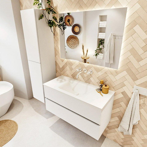 MONDIAZ VICA meuble sous lavabo 100cm Talc 2 tiroirs. Lavabo CLOUD milieu sans trou de robinet, couleur Talc. SW1381943