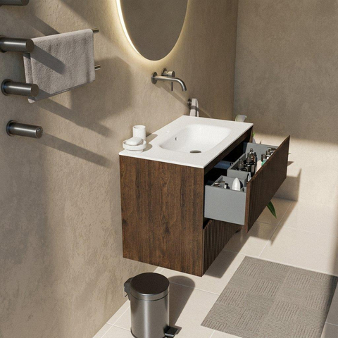 Saniclass Holz Atelier Badkamermeubelset - 80x45x61.5cm - Flow solid surface wastafel wit - 1 wasbak - zonder kraangat - 2 lades - mat eiken charcoal (hout) SW1478376