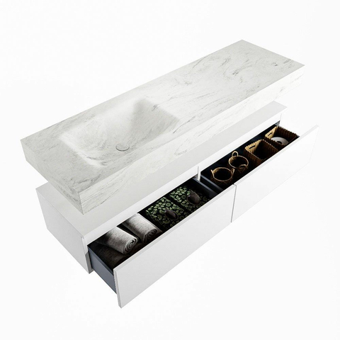 Mondiaz ALAN-DLUX Ensemble de meuble - 150cm - meuble Talc mat - 2 tiroirs - Lavabo Cloud Opalo suspendu - vasque Gauche - 1 trou de robinet SW806467