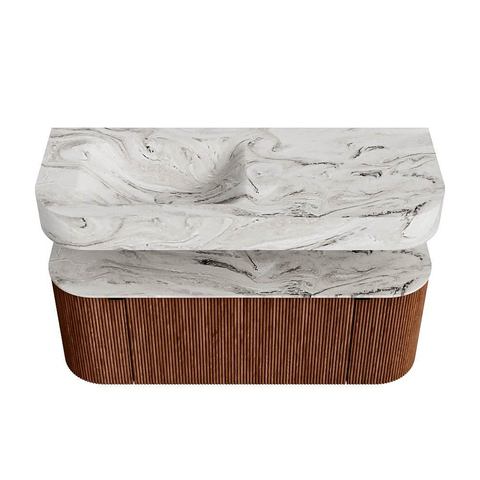 MONDIAZ THOR-DLUX 120cm meuble de salle de bains arrondi gauche + droite couleur Ruby avec 1 tiroir et 2 portes. Vasque suspendue CLOUD Gauche sans trou de robinet couleur Glace. SW1467647
