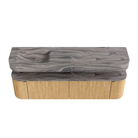 MONDIAZ THOR-DLUX 180cm meuble de salle de bains arrondi gauche + droite couleur Oak avec 2 tiroirs et 2 portes. Vasque suspendue CLOUD Gauche sans trou de robinet couleur Sombra. SW1466250