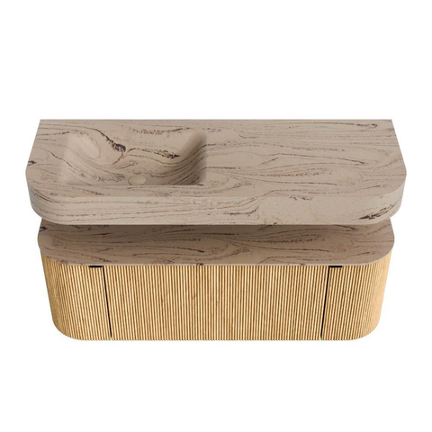 MONDIAZ THOR-DLUX 130cm meuble de salle de bains arrondi gauche + droite couleur Oak avec 1 tiroir et 2 portes. Vasque suspendue CLOUD Gauche sans trou de robinet couleur Arena. SW1463789