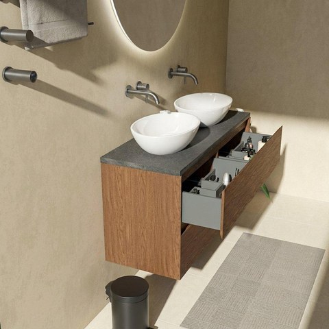 Saniclass Holz Pure Badkamermeubelset - 120x45x63cm - Noche basalten wastafelblad gepolijst - 1 wasbak - zonder kraangat - 4 lades - mat walnut pure (hout) SW1478575