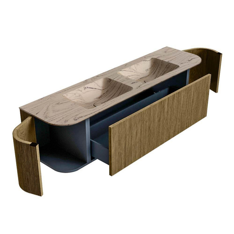 MONDIAZ KURVE-DLUX Meuble de salle de bains 170cm arrondi à gauche + à droite couleur Dusk avec 1 tiroir et 2 portes. Lavabo LEAF double sans trou de robinet Arena. SW1431412