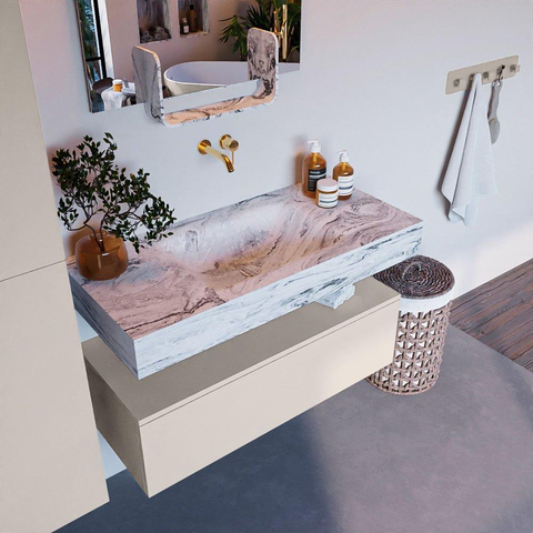 Mondiaz ALAN-DLUX Ensemble de meuble - 100cm - meuble Linen mat - 1 tiroir - Lavabo Cloud Glace suspendu - vasque Centre - 0 trous de robinet SW805949