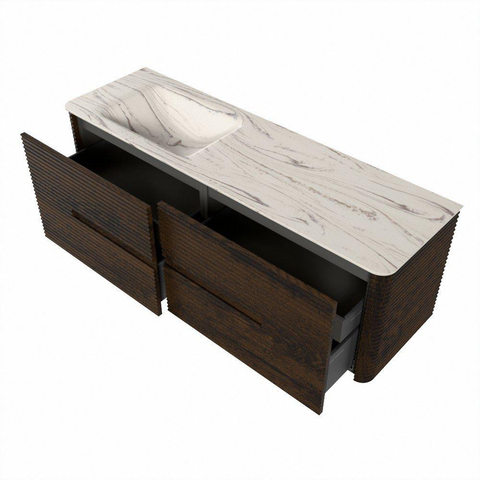 Mondiaz CIRO-DLUX Badkamermeubelset - 150x45x50cm - Solid surface wastafel Nata - 1 wasbak Links - 1 kraangat - 4 lades - Walnut SW1530565