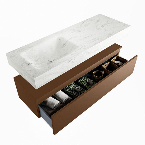 Mondiaz ALAN-DLUX Ensemble de meuble - 130cm - meuble Rust mat - 1 tiroir - Lavabo Cloud Opalo suspendu - vasque Gauche - 1 trou de robinet SW806749