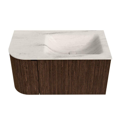 MONDIAZ KURVE-DLUX 85cm badmeubel ronding Links kleur Walnut met 1 lade en 1 deur. Wastafel CLOUD Rechts zonder kraangat Meli. SW1432034