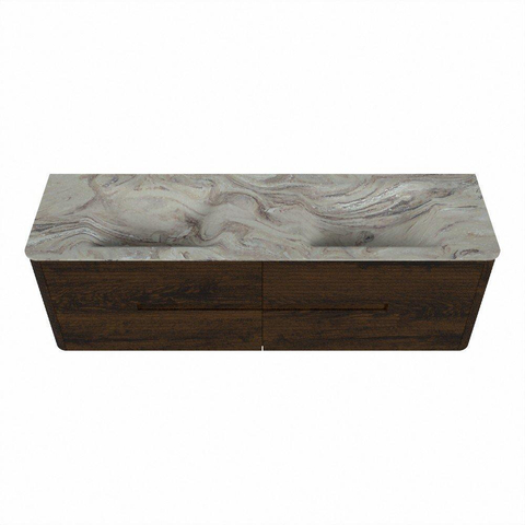 Mondiaz CIRO-DLUX Meuble de salle de bains - 160x45x50cm - Plan-vasque solid surface Glace - 2 vasques Double - 2 trous de robinet - 4 tiroirs - Noyer SW1530127