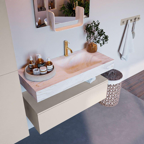 Mondiaz ALAN-DLUX Ensemble de meuble - 100cm - meuble Linen mat - 1 tiroir - Lavabo Cloud Ostra suspendu - vasque Droite - 1 trou de robinet SW807340
