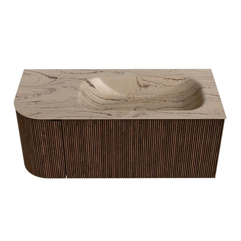 MONDIAZ KURVE-DLUX Meuble de salle de bains 105cm arrondi à gauche couleur Walnut avec 1 tiroir et 1 porte. Lavabo BIG SMALL à droite sans trou de robinet Arena. SW1431189