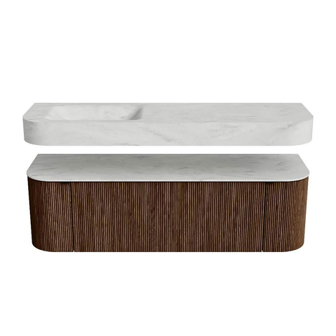 MONDIAZ THOR-DLUX 150cm meuble de salle de bains arrondi gauche + droite couleur Walnut avec 1 tiroir et 2 portes. Vasque suspendue CLOUD Gauche 1 trou de robinet couleur Opalo. SW1464472