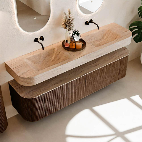 MONDIAZ THOR-DLUX Meuble de salle de bains - 180cm - arrondi gauche + droite - couleur Walnut - 2 tiroirs - 2 portes - Vasque suspendue CLOUD Double sans trou de robinet - couleur Saba SW1466320