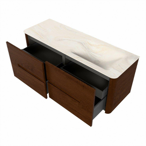 Mondiaz CIRO-DLUX Ensemble de meubles de salle de bains - 130x45x50cm - vasque Solid surface Ostra - 1 lavabo à droite - sans trous de robinet - 4 tiroirs - Ruby SW1531846