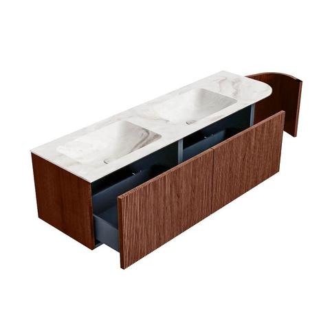 Mondiaz KURVE-DLUX Badkamermeubelset - 155x46x40cm - 2 lade - 1 deur - wastafel solid surface - dubbel / links - zonder kraangat - Ruby SW1415686