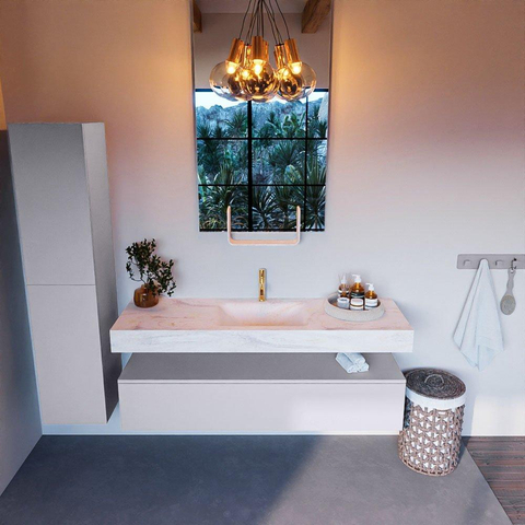 Mondiaz ALAN-DLUX Ensemble de meuble - 150cm - meuble - Cale mat - 1 tiroir - Lavabo Cloud Ostra suspendu - vasque Centre - 1 trou de robinet - Beige SW807751
