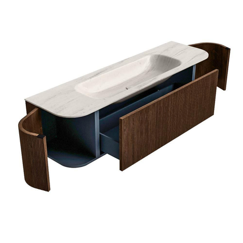 MONDIAZ KURVE-DLUX 160cm badmeubel ronding Links + Rechts kleur Walnut met 1 lade en 2 deuren. Wastafel BIG MEDIUM Midden 1 kraangat Meli. SW1431703