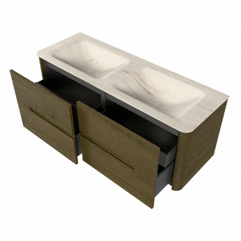 Mondiaz CIRO-DLUX Badkamermeubelset - 130x45x50cm - Solid surface wastafel Meli - 2 wasbak Dubbel - zonder kraangaten - 4 lades - Dusk SW1533160