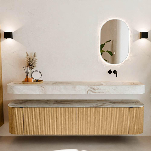MONDIAZ THOR-DLUX 200cm meuble de salle de bains arrondi gauche + droite couleur Chêne avec 2 tiroirs et 2 portes. Vasque suspendue CLOUD Droite sans trou de robinet couleur Frappe. SW1466944