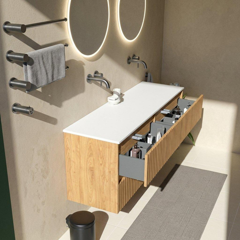Saniclass Holz Atelier Badkamermeubelset - 160x45x77.5cm - Torino solid surface wastafel wit - zonder kraangat - 4 lades - mat eiken natural (hout) SW1478684