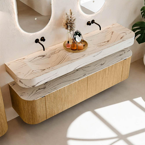 MONDIAZ THOR-DLUX 180cm meuble de salle de bains arrondi gauche + droite couleur Oak avec 2 tiroirs et 2 portes. Vasque suspendue CLOUD Double sans trou de robinet couleur Nata. SW1466188