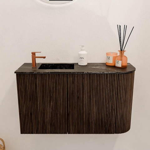 Mondiaz JOYA-DLUX Meuble de salle de bains 71,6cm - arrondi droit couleur Walnut - Vasque FAYE position Gauche 1 trou de robinet couleur Lava. SW1422469