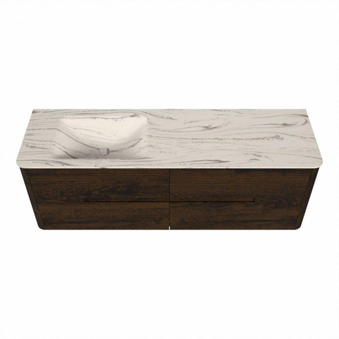 Mondiaz CIRO-DLUX Meuble de salle de bains - 150x45x50cm - Vasque en solid surface Nata - 1 lavabo à gauche - 1 trou de robinet - 4 tiroirs - Noyer SW1530565