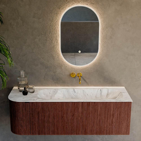 Mondiaz KURVE-DLUX Ensemble meuble de salle de bains - 135x46x40cm - 1 tiroir - 1 porte - vasque solid surface - droite - sans trou de robinet - Ruby SW1415819