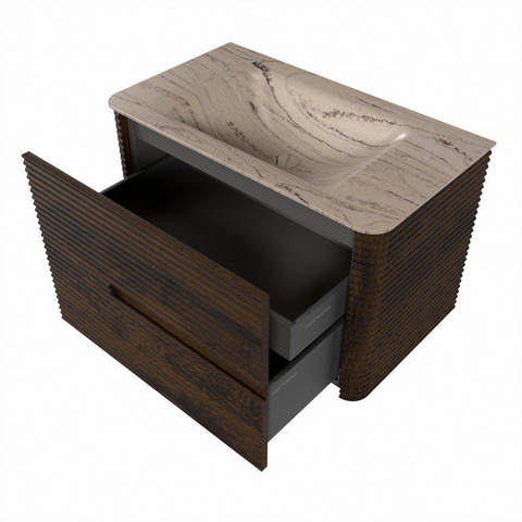 Mondiaz CIRO-DLUX Badkamermeubelset - 80x45x50cm - Solid surface wastafel Arena - 1 wasbak Midden - 1 kraangat - 2 lades - Walnut SW1530424
