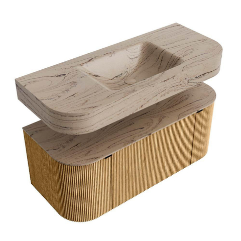 MONDIAZ THOR-DLUX 110cm badmeubel ronding links + rechts kleur Oak met 1 lade en 2 deuren. Vrijhangende wastafel CLOUD Midden 1 kraangat kleur Arena. SW1462706