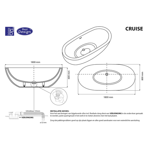 Best Design Cruise vrijstaand bad Just Solid 180x80x60cm SW279936