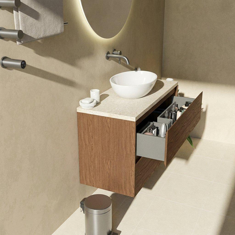 Saniclass Holz Pure Badkamermeubelset - 100x45x63cm - Travertine natuurstenen topblad - zonder kraangat - 2 lades - mat walnut pure (hout) SW1478860