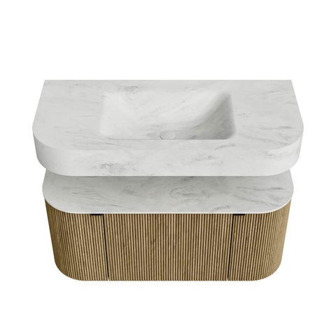 MONDIAZ THOR-DLUX Meuble de salle de bains - 100cm - arrondi gauche + droite - couleur Dusk - 1 tiroir - 2 portes - Vasque suspendue CLOUD Milieu 1 trou de robinet couleur Opalo SW1467348