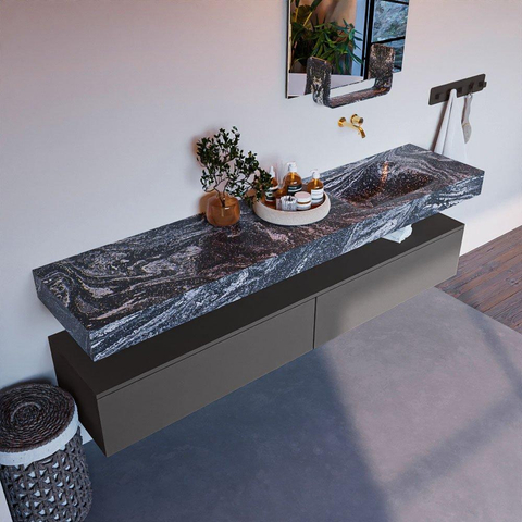 Mondiaz ALAN-DLUX Ensemble de meuble - 200cm - meuble Dark grey mat - 2 tiroirs - Lavabo Cloud Lava suspendu - vasque Droite - 0 trous de robinet SW808125