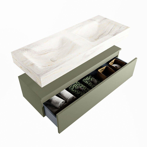 Mondiaz ALAN-DLUX Ensemble de meuble - 120cm - meuble Army mat - 1 tiroir - Lavabo Cloud Ostra suspendu - vasque Gauche et droite - 0 trous de robinet SW807827