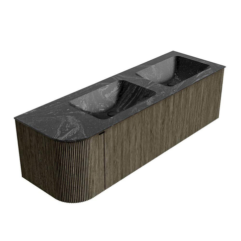 Mondiaz KURVE-DLUX Ensemble de meuble de salle de bains - 145x46x40cm - 1 tiroir - 1 porte - lavabo solid surface - double / droite - sans trou de robinet - Shadow SW1414676