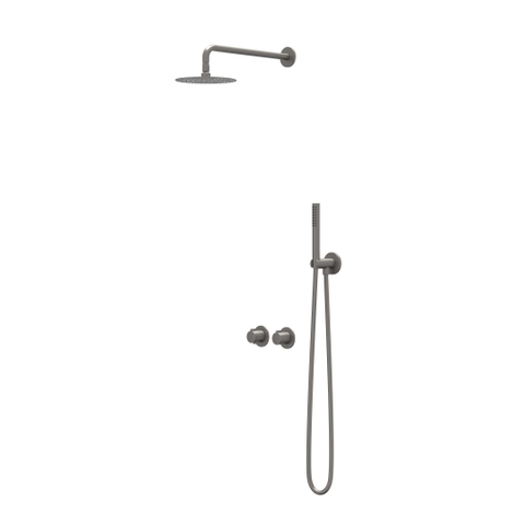 IVY Pact Ensemble de douche pluie - encastré - symmetry - inverseur d'arrêt 2 voies - bras de plafond 30 cm - tête de douche slim 25 cm - barre de douche avec sortie - flexible de douche 150 cm - douchette satin spray - Noir métal brossé PVD SW1035951