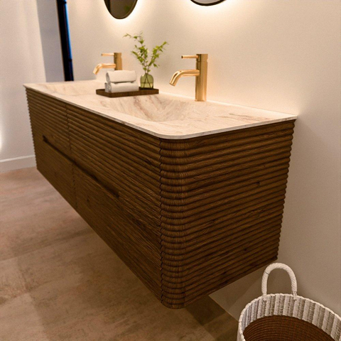 Mondiaz CIRO-DLUX Badkamermeubelset - 150x45x50cm - Solid surface wastafel Frappe - 2 wasbak Dubbel - 2 kraangaten - 4 lades - Dusk SW1532839