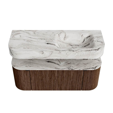 MONDIAZ THOR-DLUX 120cm badmeubel ronding links + rechts kleur Walnut met 1 lade en 2 deuren. Vrijhangende wastafel CLOUD Rechts zonder kraangat kleur Glace. SW1463213