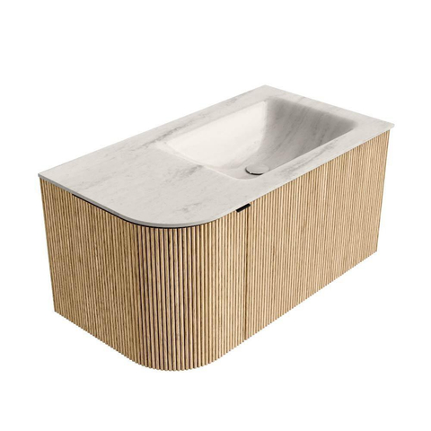 MONDIAZ KURVE-DLUX Meuble de salle de bains 85cm arrondi à gauche couleur Chêne avec 1 tiroir et 1 porte. Lavabo CLOUD à droite sans trou de robinet Meli. SW1431583