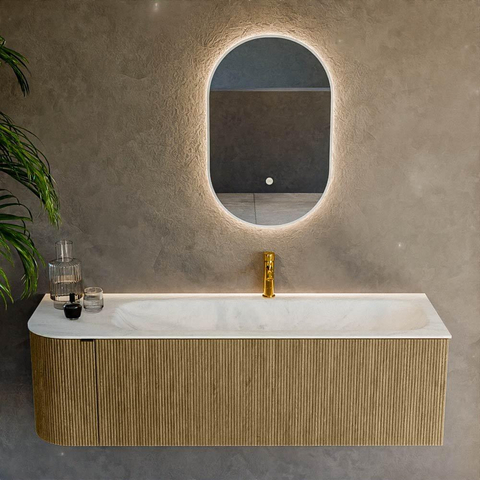 Mondiaz KURVE-DLUX Ensemble de meuble de salle de bains - 145x46x40cm - 1 tiroir - 1 porte - lavabo solid surface - droit - 1 trou de robinet - Dusk SW1414939
