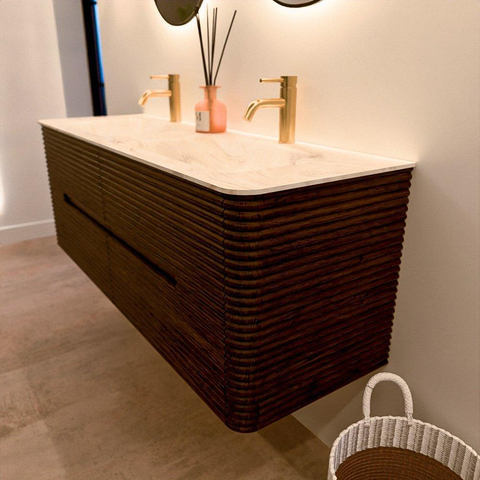 Mondiaz CIRO-DLUX Badkamermeubelset - 140x45x50cm - Solid surface wastafel Ostra - 2 wasbak Dubbel - 2 kraangaten - 4 lades - Walnut SW1530372