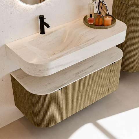 MONDIAZ THOR-DLUX 110cm meuble de salle de bains arrondi gauche + droite couleur Dusk avec 1 tiroir et 2 portes. Vasque suspendue CLOUD Gauche 1 trou de robinet couleur Meli. SW1462911