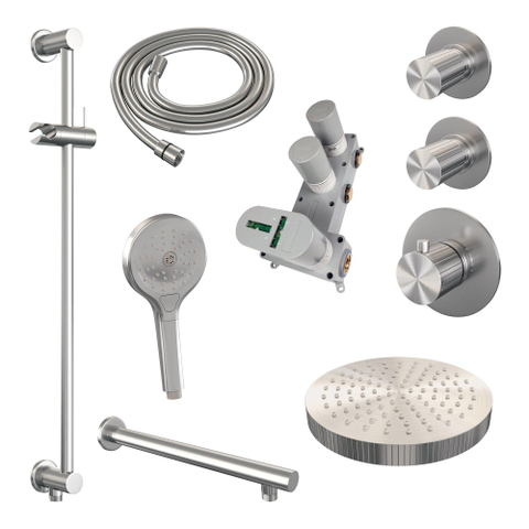 BRAUER Stripe Thermostatische Inbouw Regendouche - SET 10 - 25cm douchekop - rechte muurarm - 3-standen handdouche - doucheslang - geïntegreerde glijstang - RVS-kleurig geborsteld PVD SW1435072