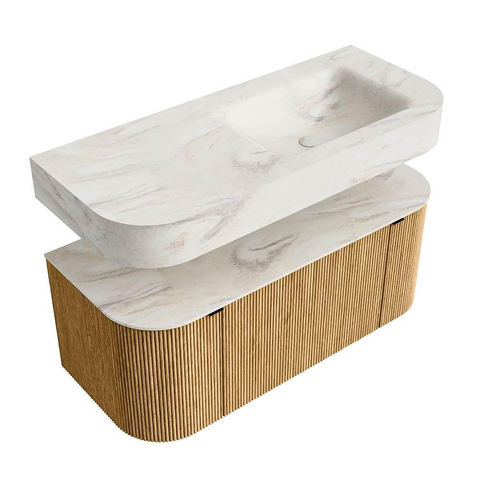 MONDIAZ THOR-DLUX 110cm meuble de salle de bains arrondi gauche + droite couleur Oak avec 1 tiroir et 2 portes. Vasque suspendue CLOUD Droite 1 trou de robinet couleur Ostra. SW1462749