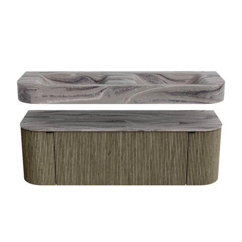 MONDIAZ THOR-DLUX 140cm meuble de salle de bains arrondi gauche + droite couleur Shadow avec 1 tiroir et 2 portes. Vasque suspendue CLOUD Double 2 trous de robinet couleur Sombra. SW1464241